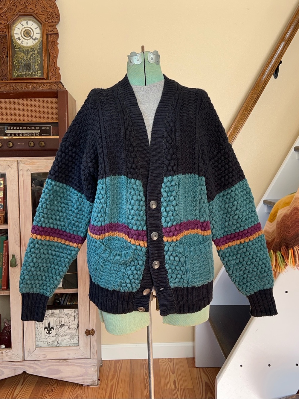 Vintage 90s Irish Hand Loomed Chunky Knit Cotton Cardigan Teal Stripe Sweater L